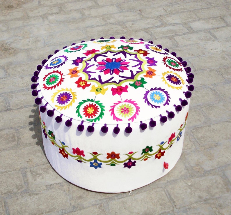 Pouf cover, white base, multicolor embroidery, suzani pattern, folk pouf, bohemian ottoman cover, with pompoms, 22X12 inches image 3