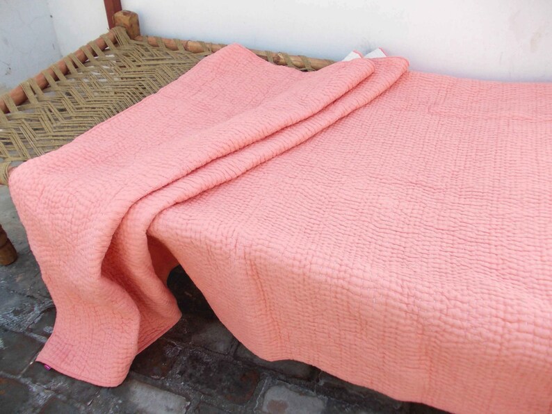 Coral Quilted Bedspread Stripe Pattern Cotton Kantha Quilt Etsy