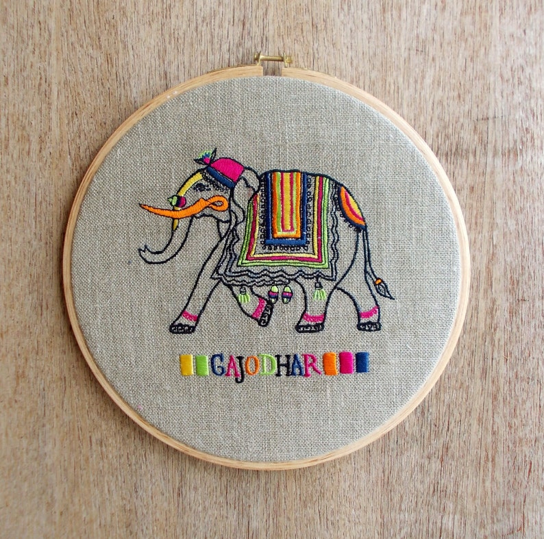 Elephant Embroidery Hoop linen with bright colors Indian Etsy