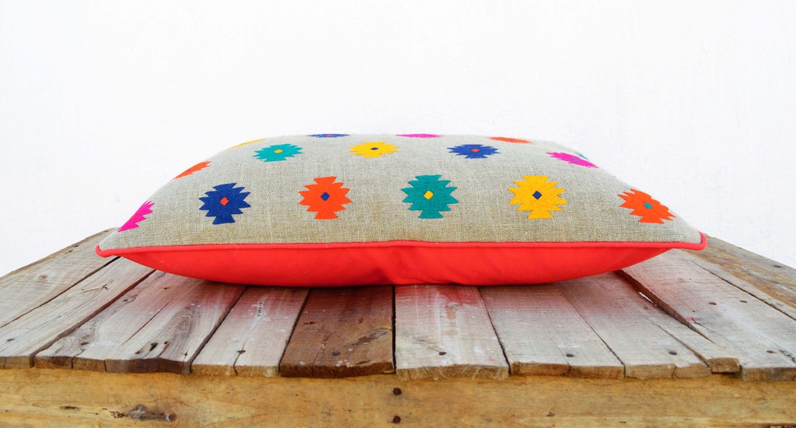 Embroidered Pillow Cover in Linen Multicolour Moroccan Pillow Etsy
