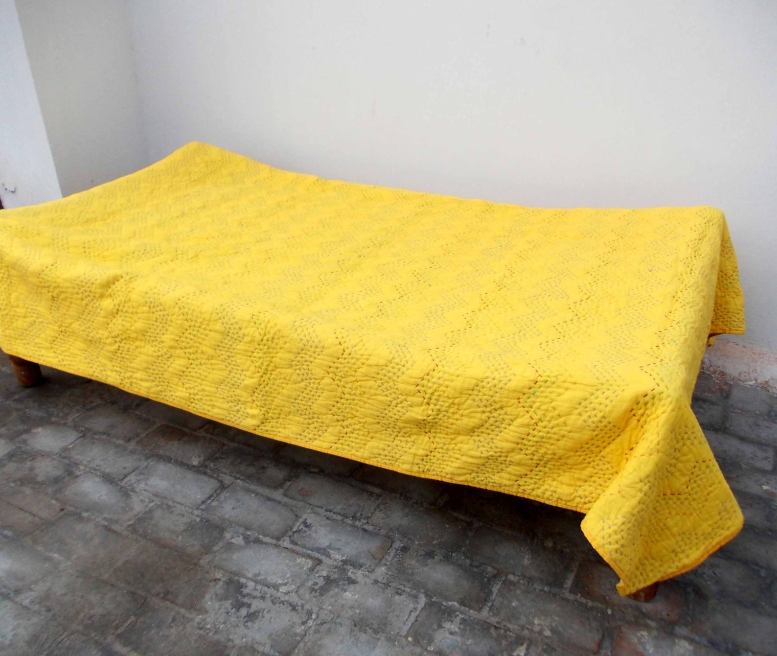 Yellow Quilted Bedspread Chevron Pattern Zig Zag Quilting Etsy