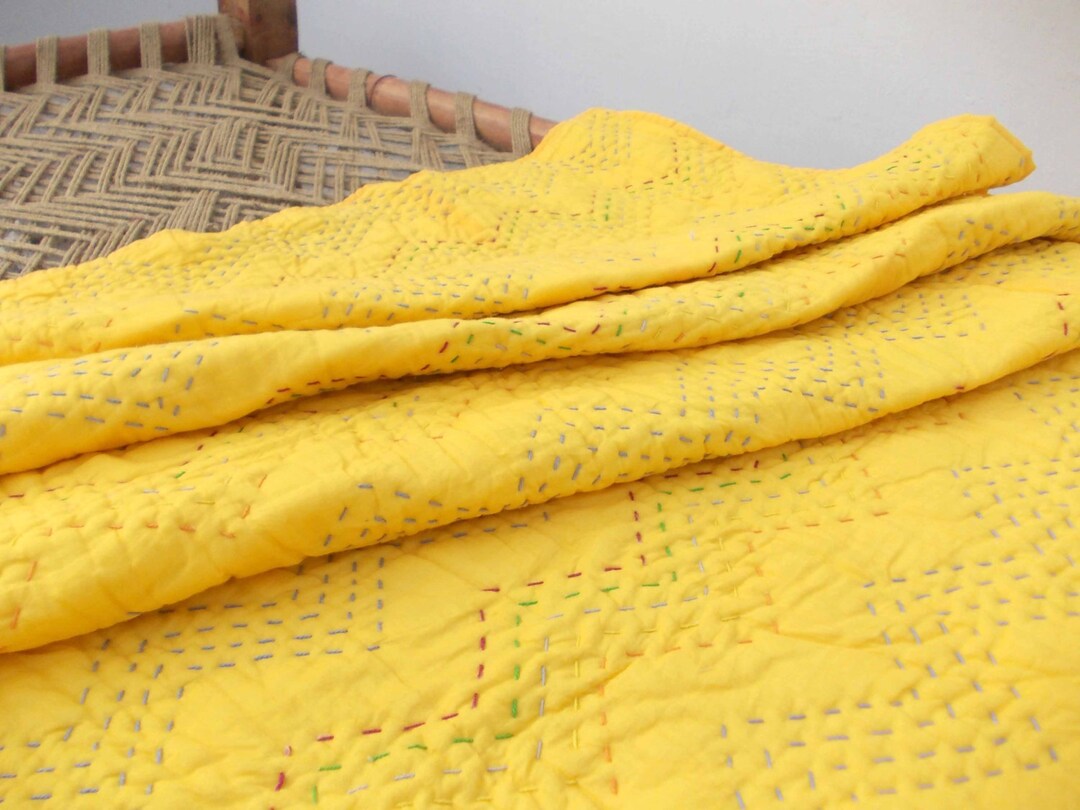Yellow Quilted Bedspread Chevron Pattern Zig Zag Quilting Etsy