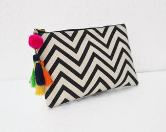 Clutch, Black and white, geometric , chevron , make up bag, cosmetic bag, pouch, cotton, 5X9 inches