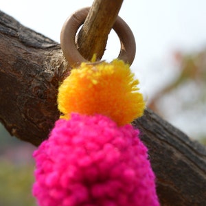 May include: A pink and yellow pom-pom hanging from a wooden branch with a brown ring.