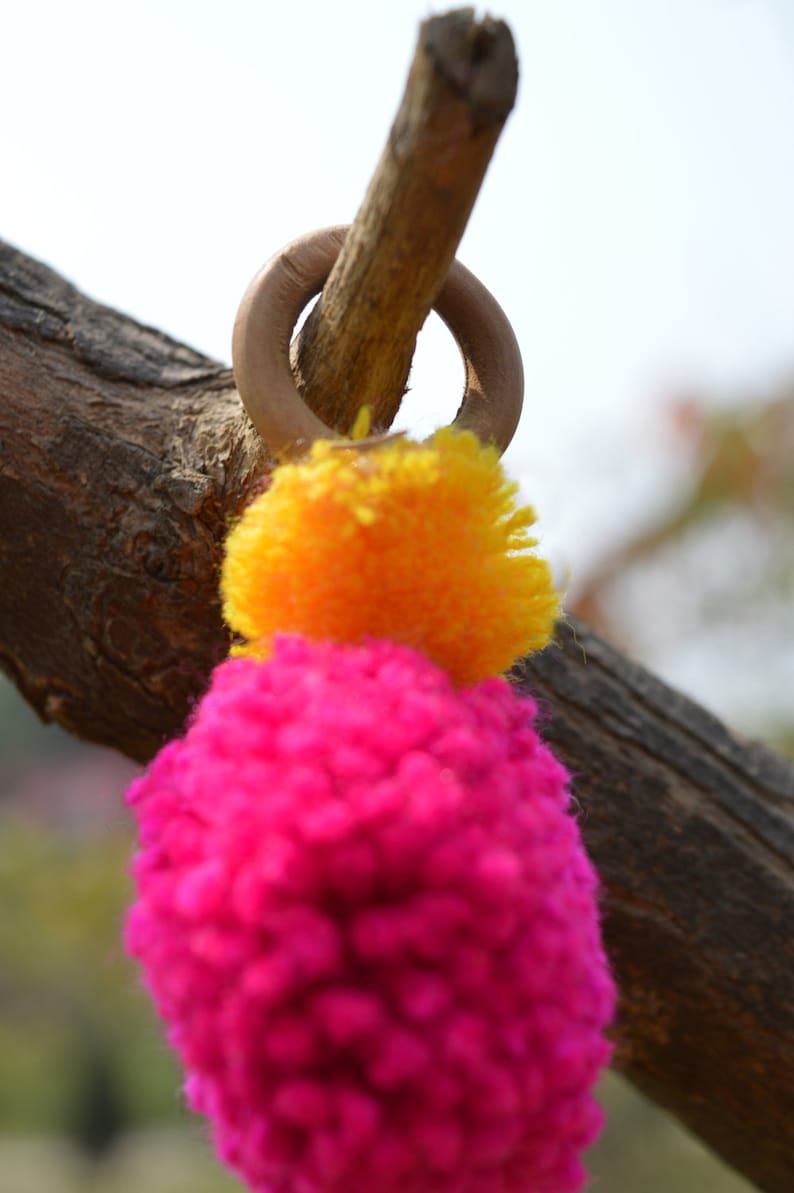 May include: A pink and yellow pom-pom hanging from a wooden branch with a brown ring.