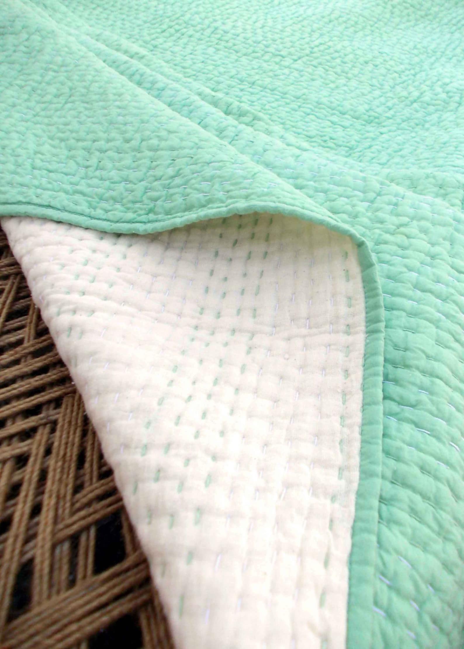 Mint quilted bedspread stripe pattern cotton kantha quilt Etsy