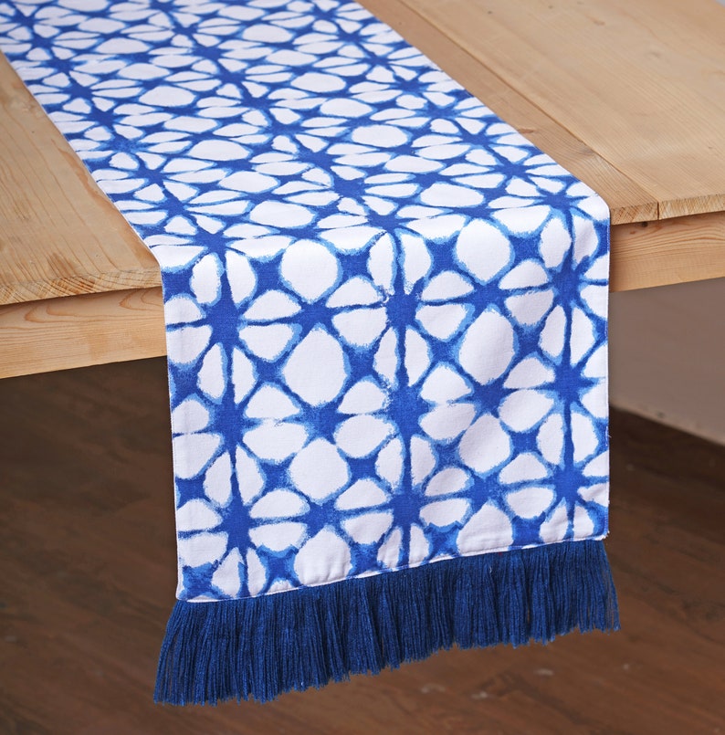Blue Table Runner Tie Dye Print Blue Fringe Border Cotton Etsy