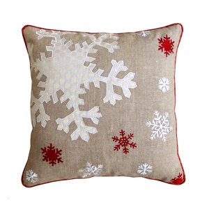 Christmas linen pillow cover, snowflake, Indian brocade applique & embroidered pillow size 16X 16 image 1