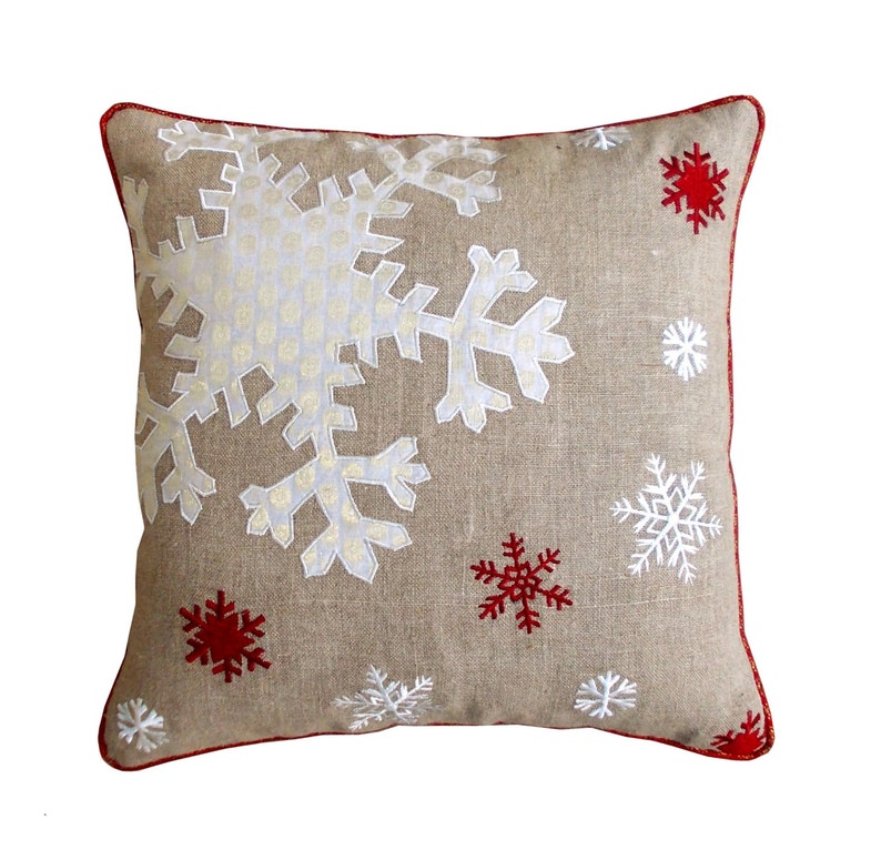 Christmas linen pillow cover, snowflake, Indian brocade applique & embroidered pillow size 16X 16 image 1