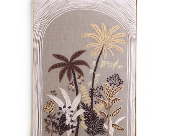 Raffia Stickerei Palmen Thema Wandkunst auf natürlichem Leinen | Ungerahmt | 50X70 cm