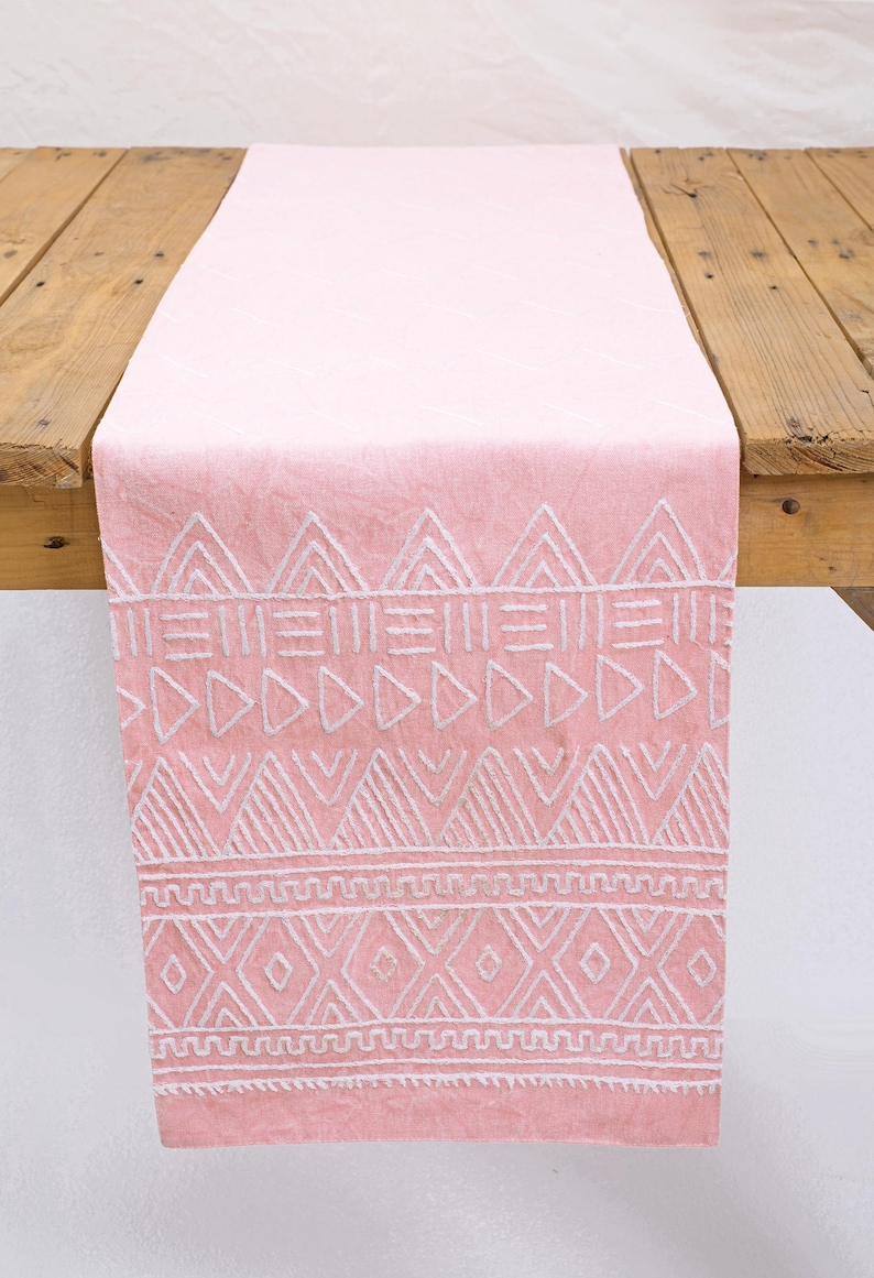 Aztec Runner Hand Embroidered Blush and White Cotton Table Etsy