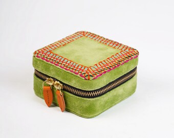 Lime Green Velvet Square Embroidered Jewellery box, travel gift, Bridesmaid gift