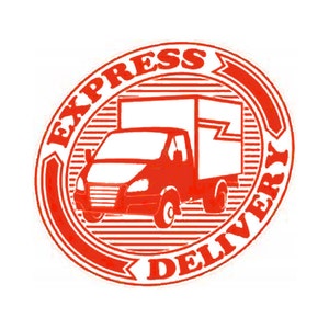 May include: Red and white circular stamp with the words "EXPRESS DELIVERY" and a red delivery truck inside.