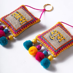 Pair of SHUBH-LABH tassels, Multicolor handmade auspicious charm, size 5" or 12.5 cms