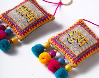 Pair of SHUBH-LABH tassels, Multicolor handmade auspicious charm, size 5&quot; or 12.5 cms