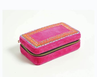 Hot pink Velvet Rectangular Embroidered Jewellery box, travel gift, Bridesmaid gift