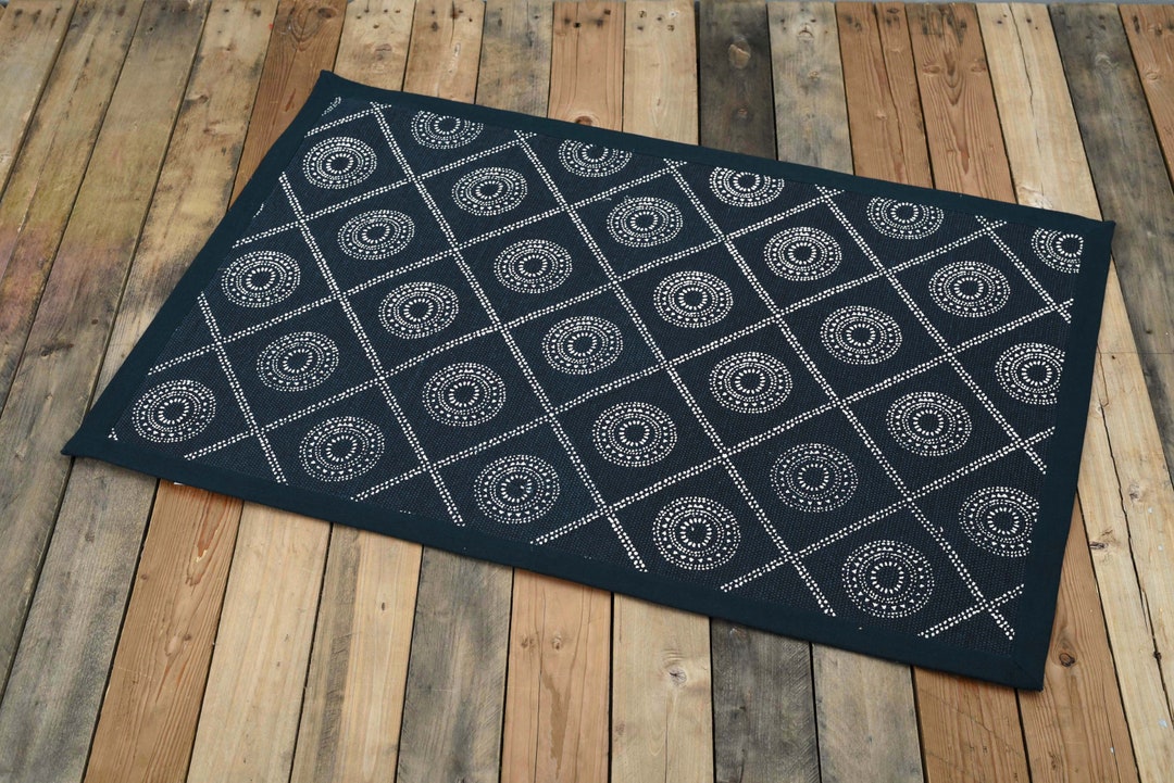 Indigo Cotton Printed Rug, Geometric Tribal Print, Rustic Decor (24x36 ...