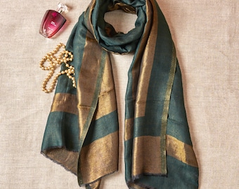 Dark Teal fine wool scarf with gold zari border, reversible autumn winter stole