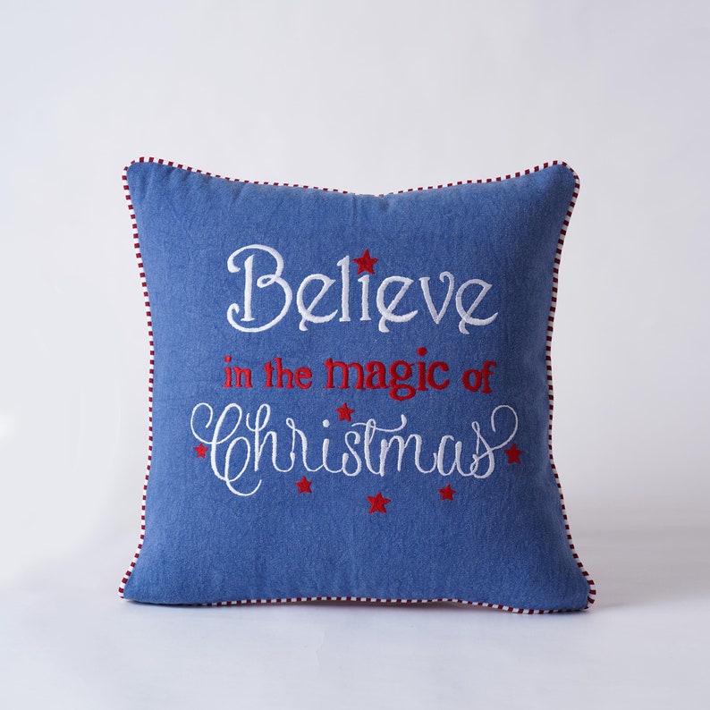 Christmas pillow cover, Blue and red colour, embroidery, cotton pillow cover, sizes available image 1