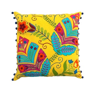 Yellow Stylized Floral  embroidered pillow cover with pompoms