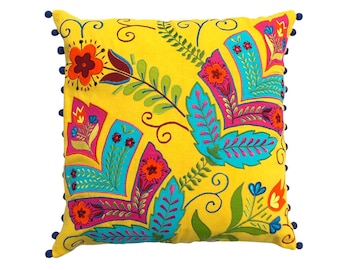 Yellow Stylized Floral  embroidered pillow cover with pompoms