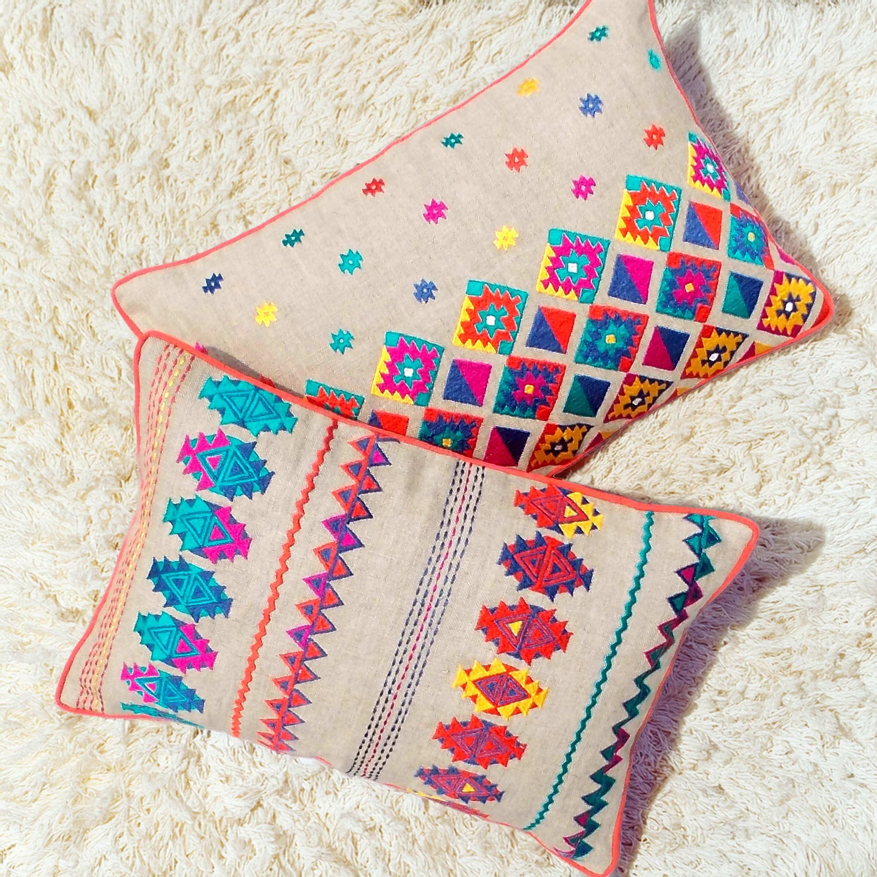 Embroidered Linen Pillow Cover, Colorful Kilim Design - Etsy