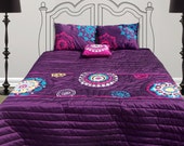 Suzani bedding, embroidery, applique, purple polytafetta, quilted bedspread 90"X102", 2 pillows18"X27",1 throw pillow 16"X16"