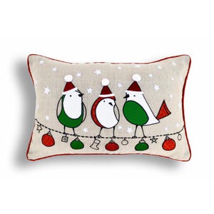 Christmas linen pillow cover, 3 birds, applique and embroidery pillow, size 14"X 21"