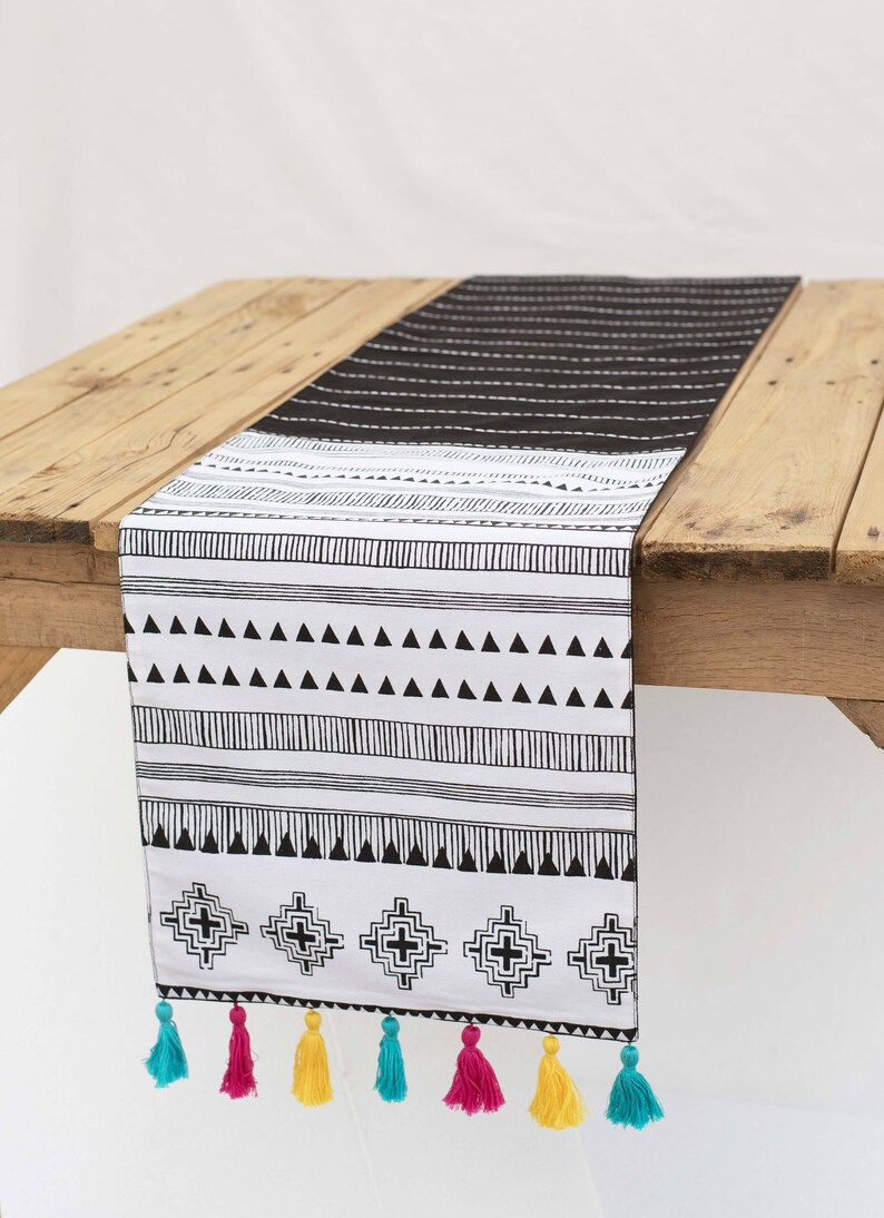 Aztec Runner Geometrical Print Black and White Cotton Table Etsy