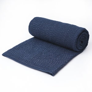 May include: A rolled-up navy blue quilt with white stitching. The quilt is partially unrolled, revealing its rectangular shape. The stitching creates a textured pattern across the surface. The quilt is made of a soft material.
