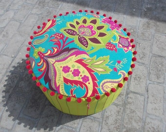 Turquoise & green Stylized floral pouf cover, bohemian ottoman cover, appliqued and embroidered with pompoms, 22X12 inches