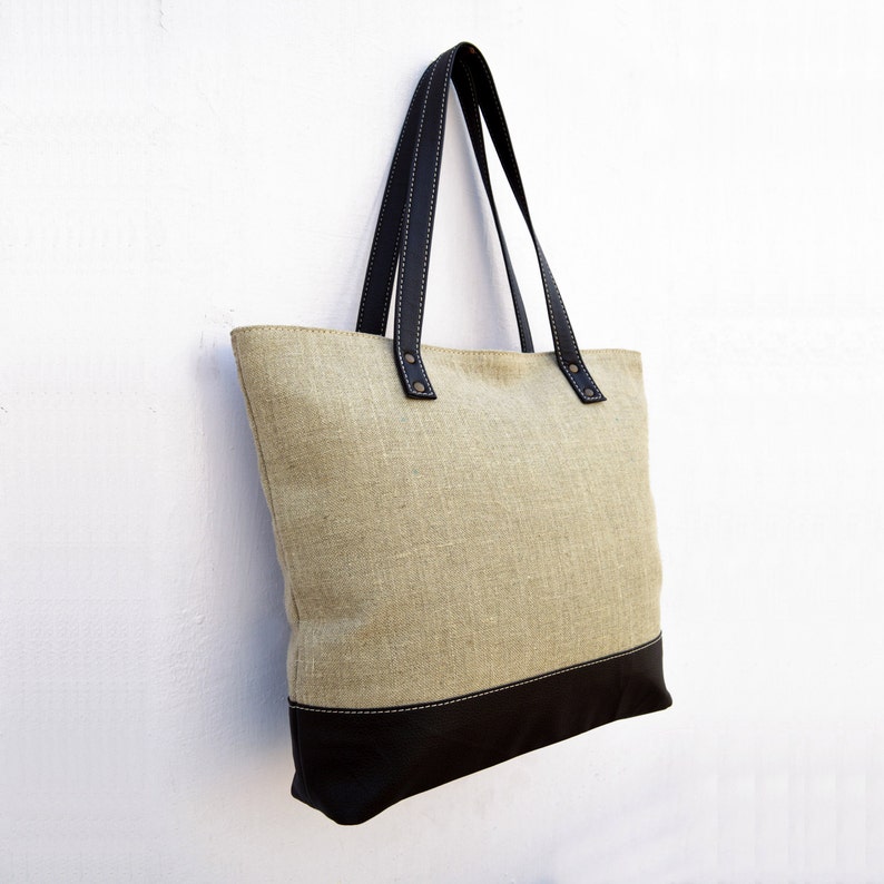 Linen and Faux Leather Tote Bag Natural With Brown Classic Etsy