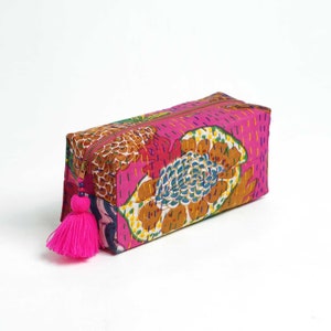 Hot Pink toiletry bag, kantha pouch, make up or cosmetic bag, utility pouch, 4X3X8 inches