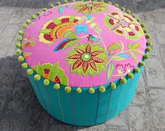 Embroidered boho pouf cover, Dark pink & turquoise embroidered and appliquéd ottoman cover