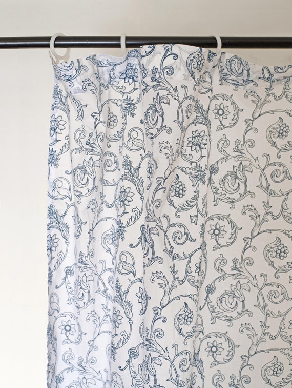 Blue Cotton Voile Curtain Panel Printed Curtain Sheer Drape Etsy
