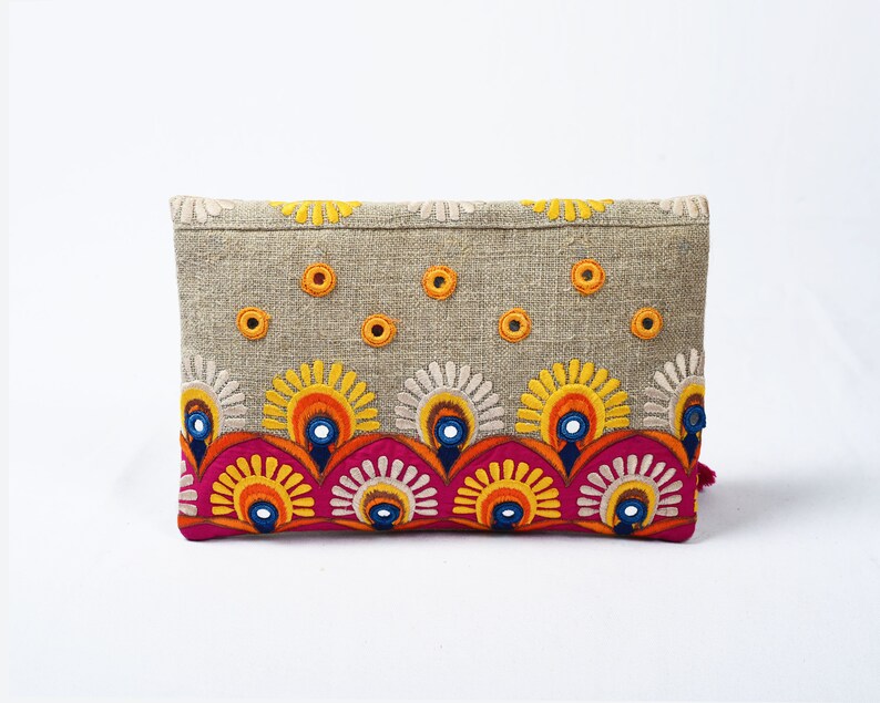 Hand-Embroidered Linen Clutch with Brass Frame main image 0