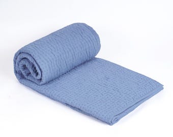 Kołdra Kantha z bawełny w kolorze DENIM BLUE - pikowana w paski, dostępne rozmiary