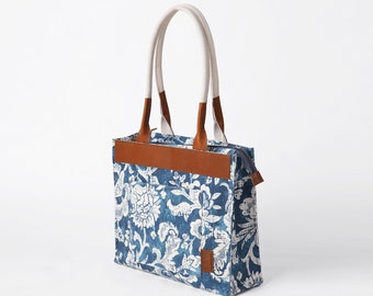 Indigo Dominoterie Floral Tote Bag, Cotton and Leather, Large Shoulder Bag