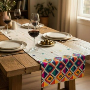 Table runner, pure linen, multicolor embroidery, aztec, bohemian, peruvian runner, ethnic, sizes available
