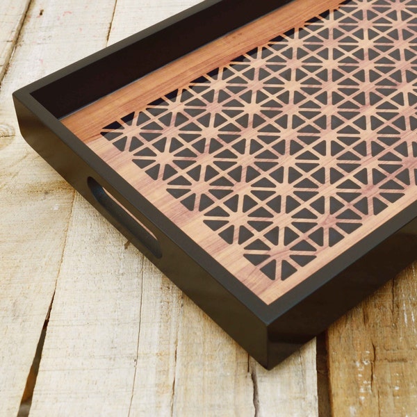 Gemetrical print, wooden tray, resin finish, lacquered frame, no glass, square serving tray, gift, 10X15 inches