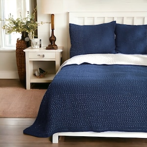 Indigo Kantha Quilted bed set - hand quilted 4 layer muslin gauze with cotton wadding, sizes available