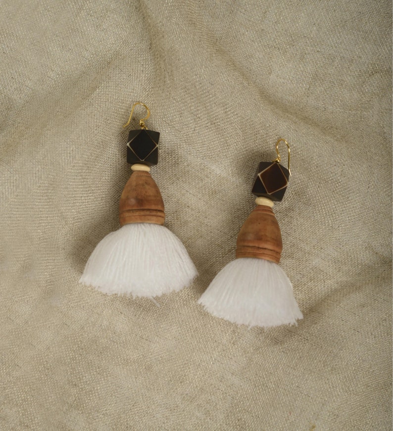 threader earring tassel earrings tribal jewelry White boho earrings Bohemian earring with wood cone and wood bead