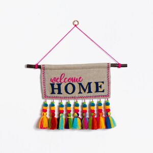 Quotation Wall art embroidered linen wall art with multicolour tassels