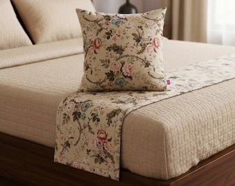 AMOUR - Beige Rose Print Linen Bed runner set - King / Queen / Twin Size