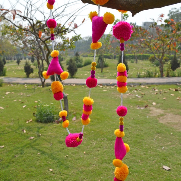 Guirnalda de pompones de caléndula fucsia hecha a mano, decoración bohemia (1 m)