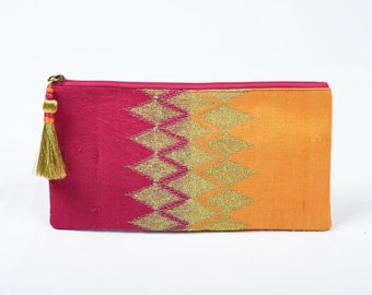 Evening purse, zipper pouch, pure silk clutch, bohemian