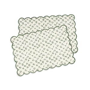 Green scalloped cotton Placemat with floral block print , 13X19 inches