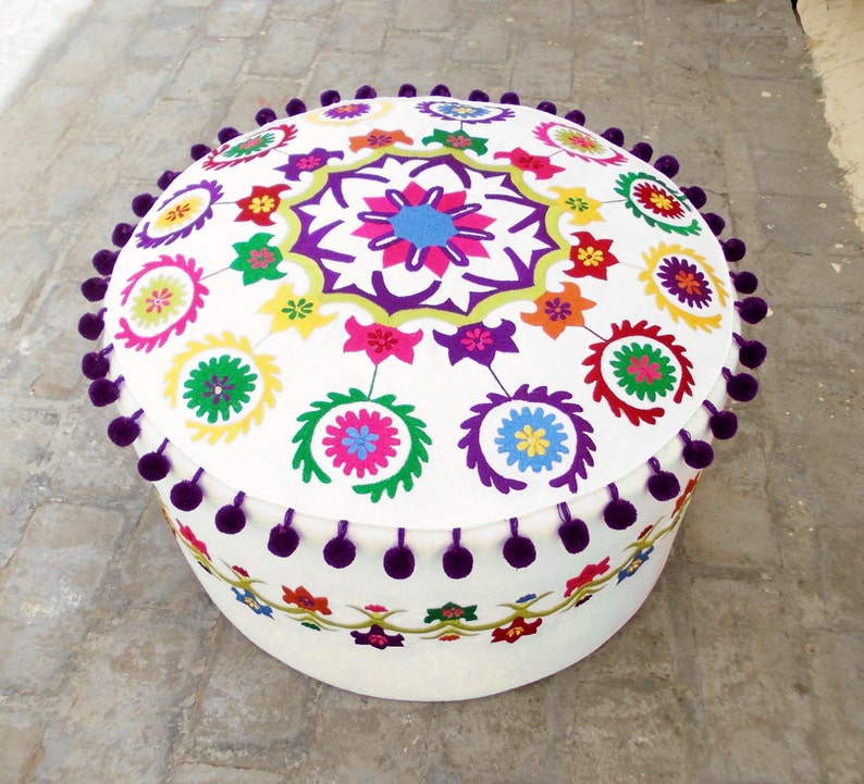 Pouf cover, white base, multicolor embroidery, suzani pattern, folk pouf, bohemian ottoman cover, with pompoms, 22X12 inches image 1