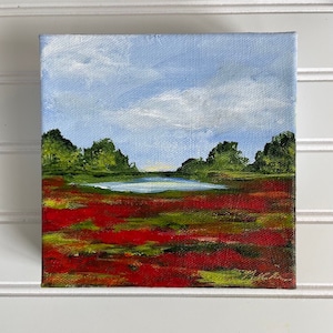 Poppy Fields art | Small Landscape Painting | 6x6 Painting | Art for Shelves | Art for Small Spaces | Small Landscape Art
