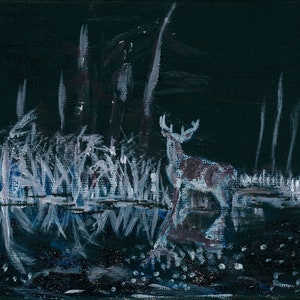 May include: An acrylic painting depicts a deer standing in water at night. The deer is white and brown, with antlers. The water reflects the deer and the surrounding white and gray foliage against a dark background.